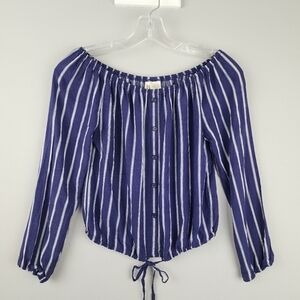 Passport Blue White Striped Off-Shoulder Crop Top Sz Small